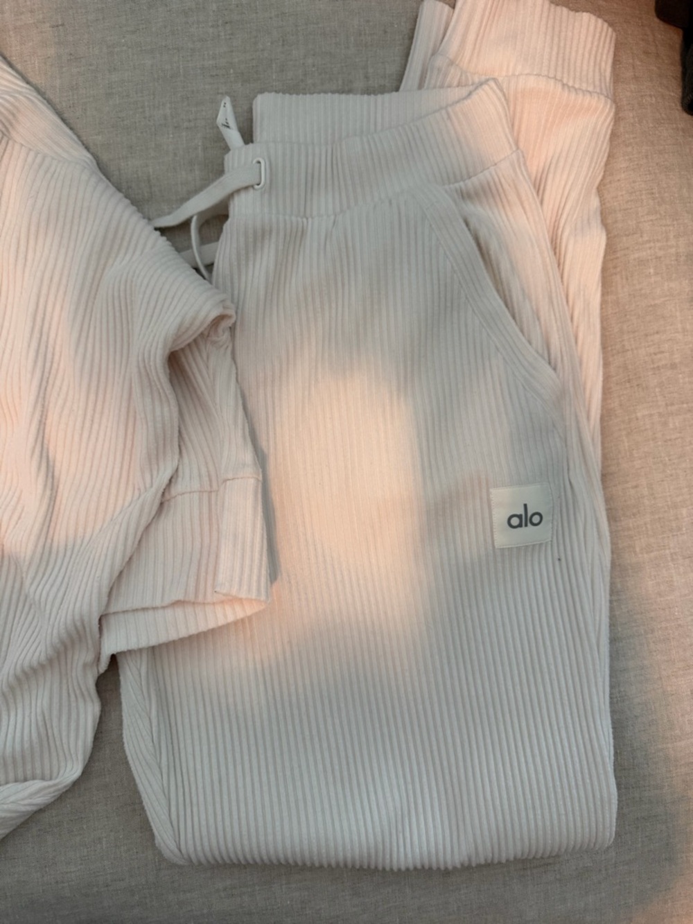 ALO Yoga Ribbed Hoodie & Joggers Set in Cream - Picture 9 of 9